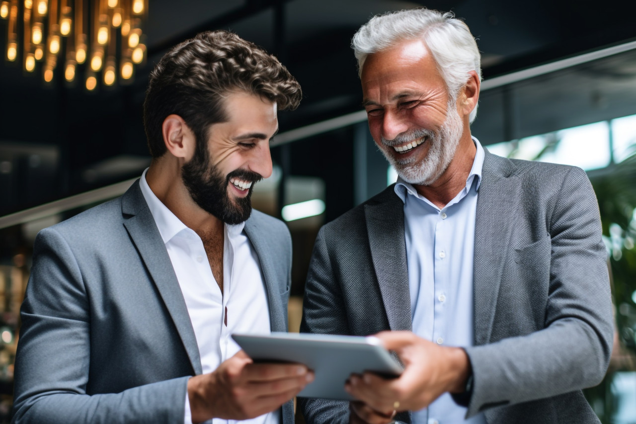 A picture of a happy young man and older man talking nicely about something while looking at a computer tablet together, business and corporate inside office image