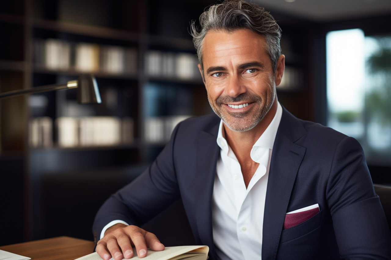 A photo of a handsome businessman in his office holding a book he is a successful and satisfied investor and manager and he is looking at the camera and smiling, business and corporate inside office photo