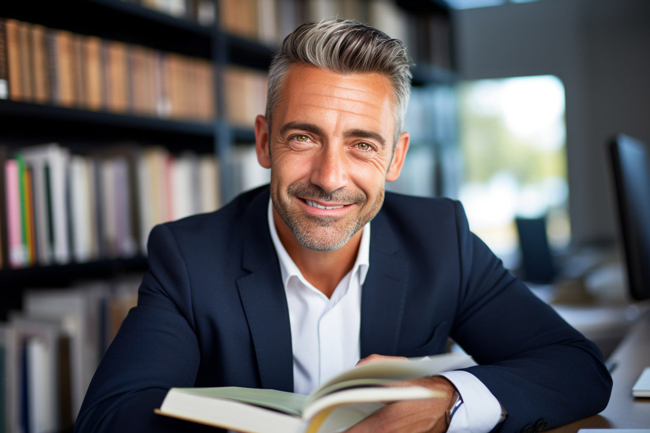 A photo of a handsome businessman in his office holding a book he is a successful and satisfied investor and manager and he is looking at the camera and smiling, business and corporate inside office photo