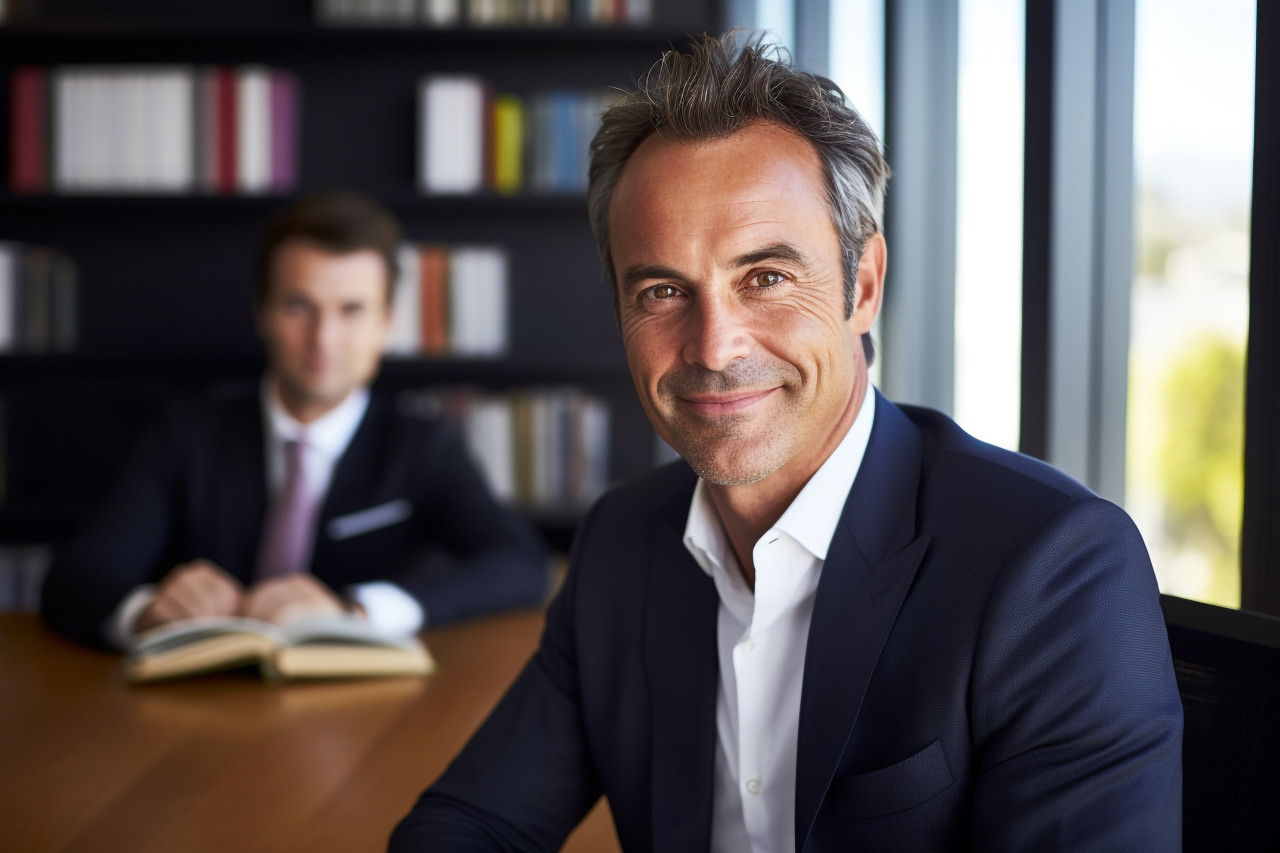 A photo of a handsome businessman in his office holding a book he is a successful and satisfied investor and manager and he is looking at the camera and smiling, business and corporate inside office photo
