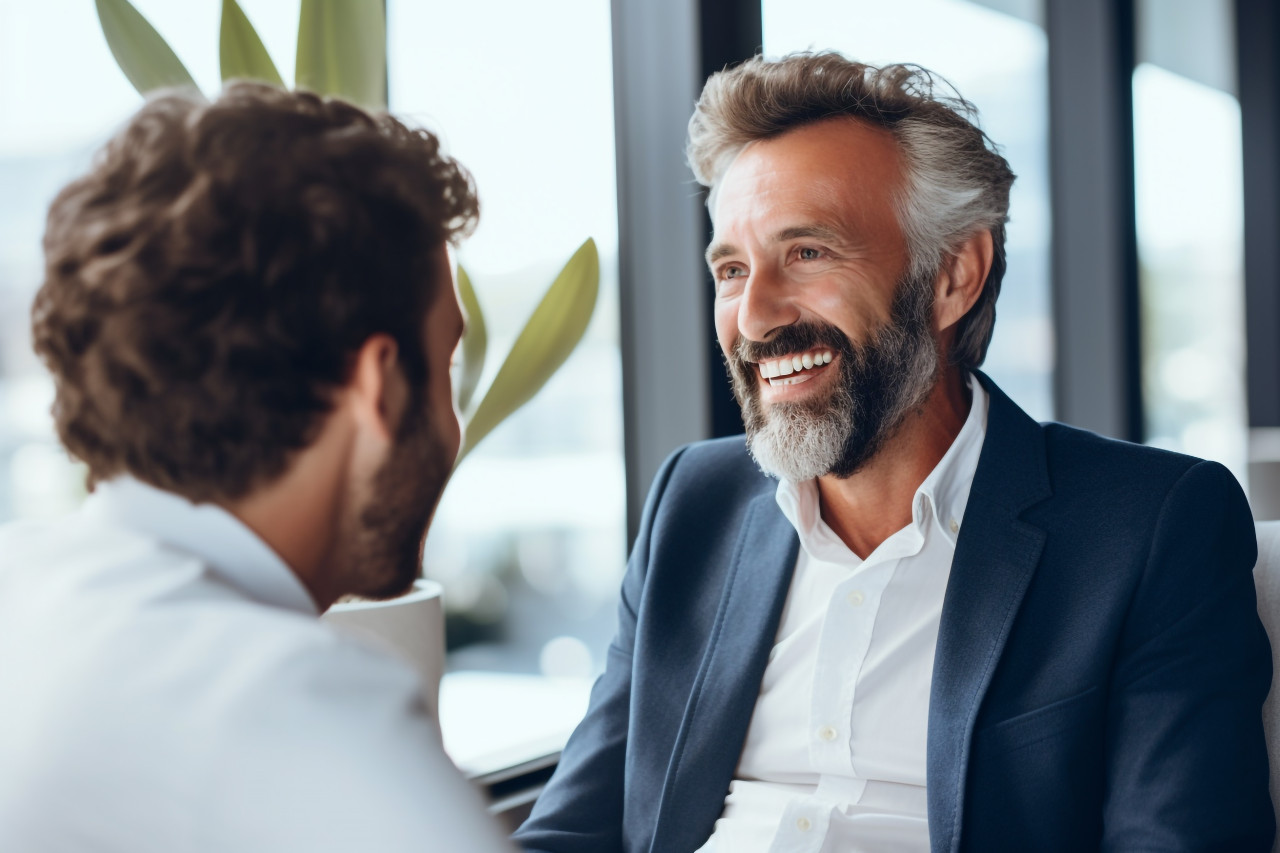 A picture of a happy young businessman talking to an older businessman in a new office with big windows, business and corporate inside office image