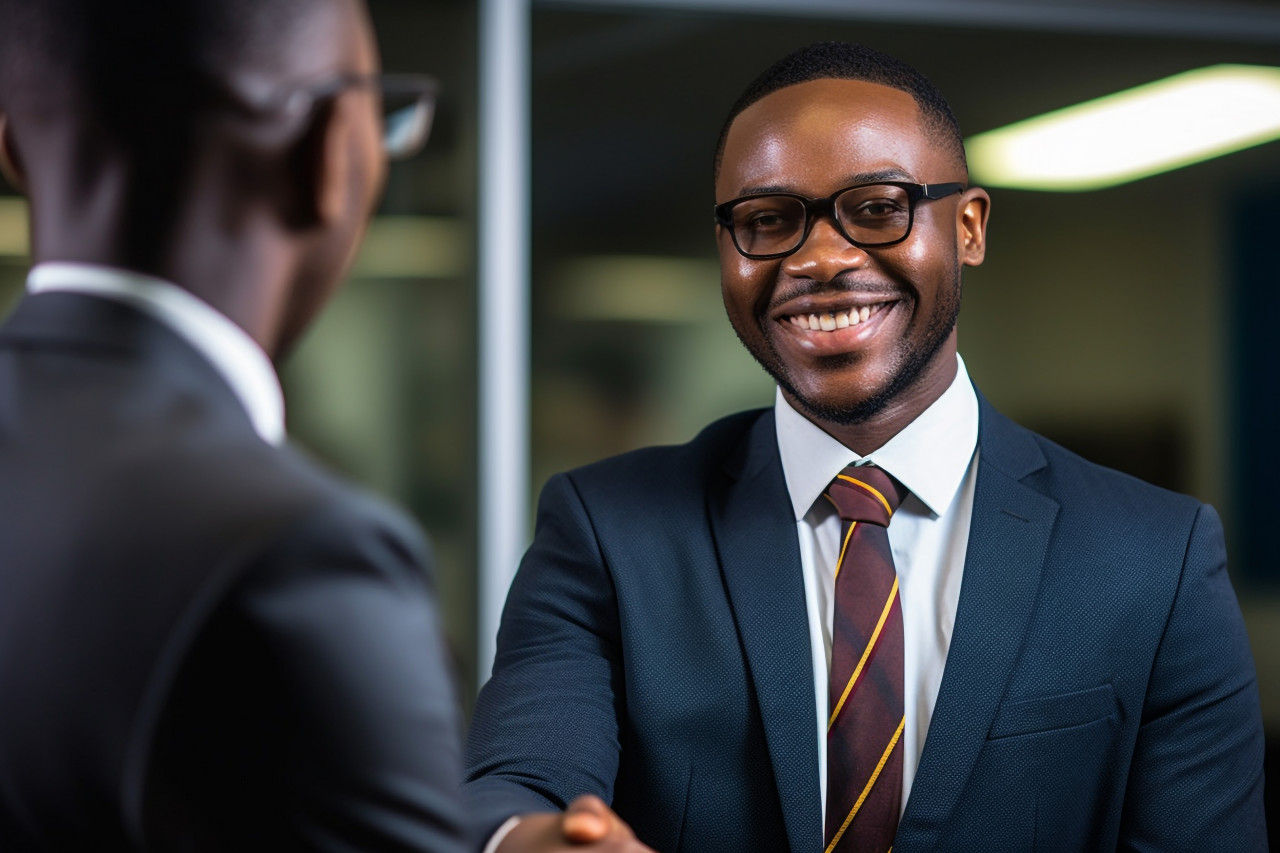 A photo of a happy african american manager shaking hands with a job applicant after an interview in his office, business and corporate inside office image