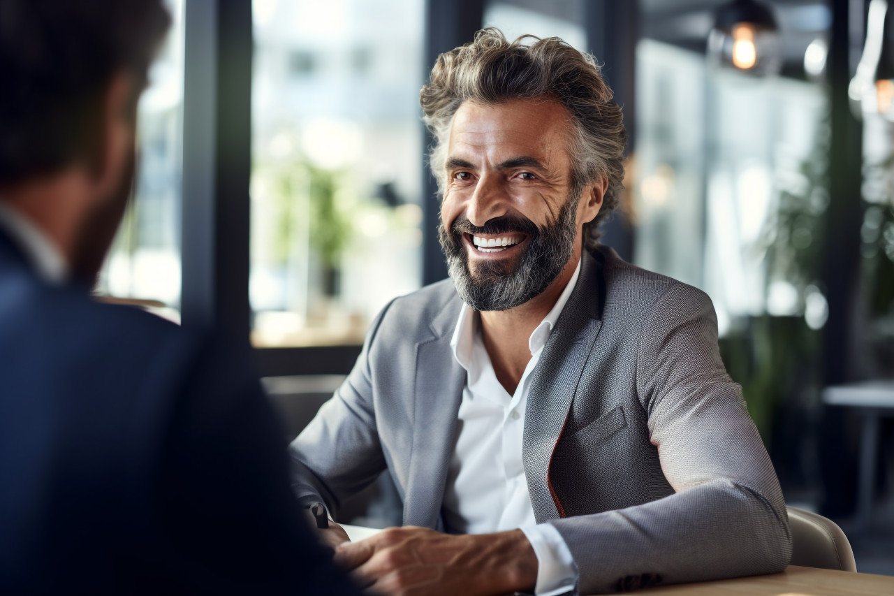 A picture of a happy young businessman talking to an older businessman in a new office with big windows, business and corporate inside office image