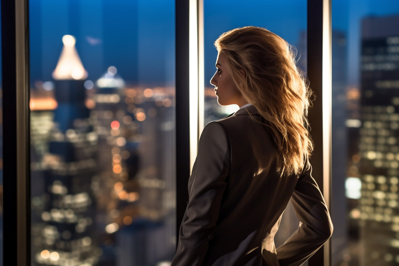 A photo of a young businesswoman standing in an office window her figure silhouetted against the city skyline, business and corporate inside office image