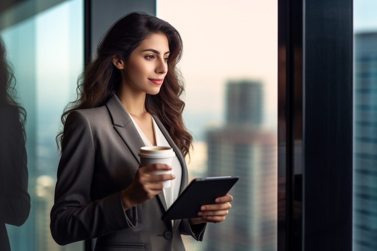 A picture of a good-looking woman drinking coffee and using a tablet while standing at a window in an office building that looks out over the city, business and corporate inside office photo