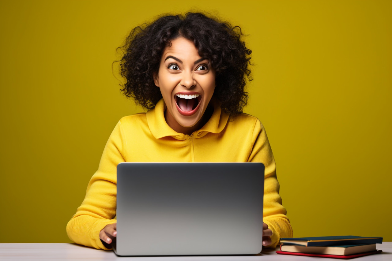 Photo of a young, happy, and successful businesswoman wearing a yellow shirt and using a laptop at a wooden office desk, business and corporate inside office photo