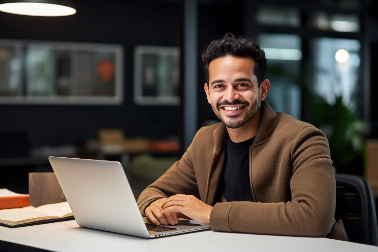 A photo of a young hispanic businessman sitting at his desk with a laptop smiling and looking at the camera he is happy with his achievements, business and corporate inside office image