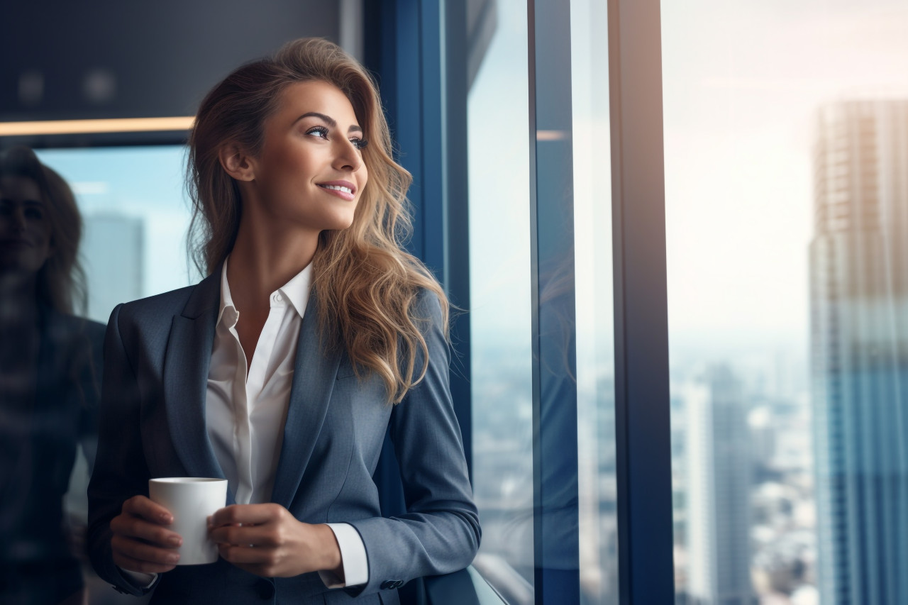 A picture of a good-looking woman drinking coffee and using a tablet while standing at a window in an office building that looks out over the city, business and corporate inside office photo