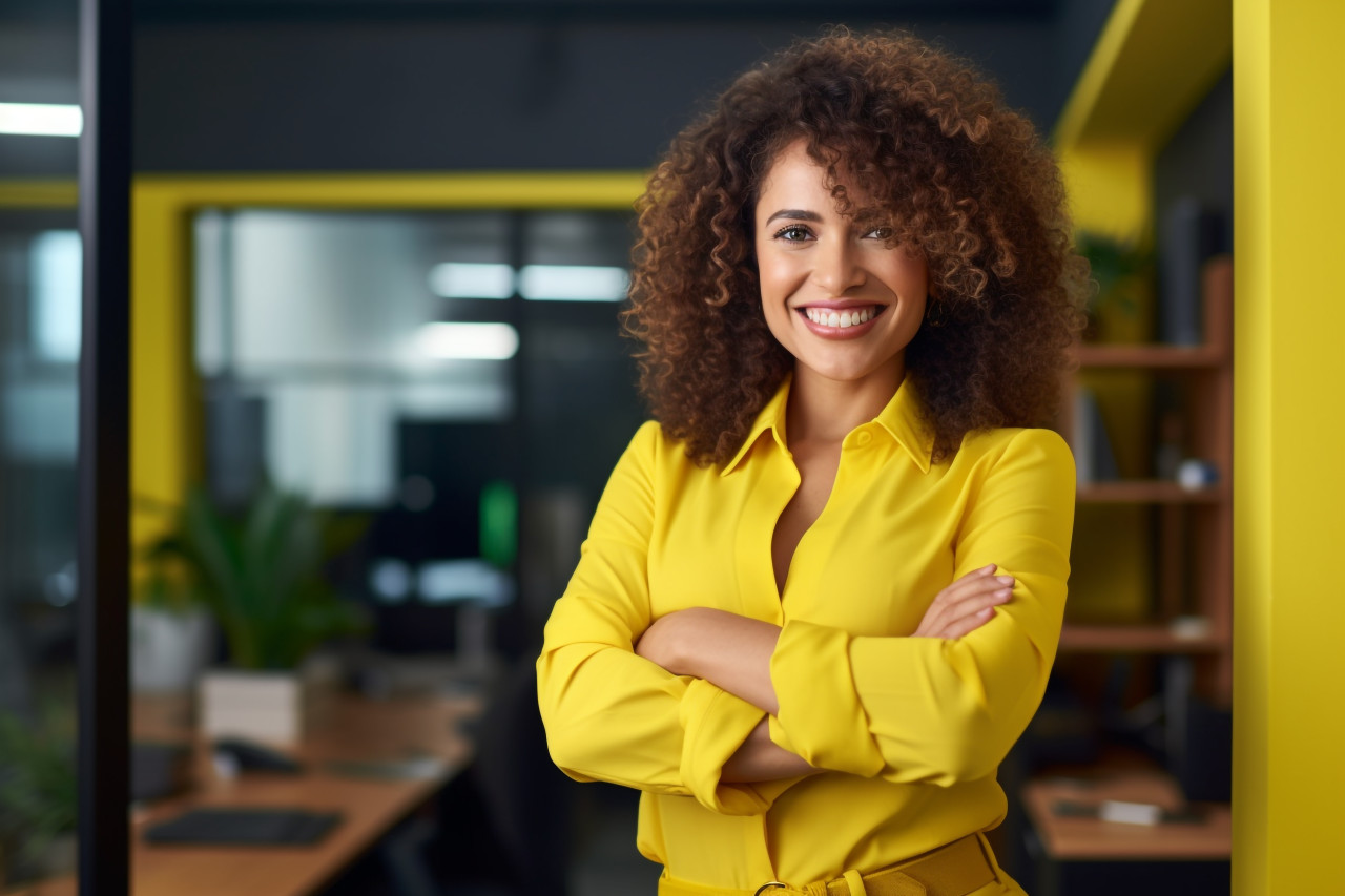 Picture of a successful latin american businesswoman in a yellow suit smiling and looking at the camera she is standing with her arms crossed, business and corporate inside office photo