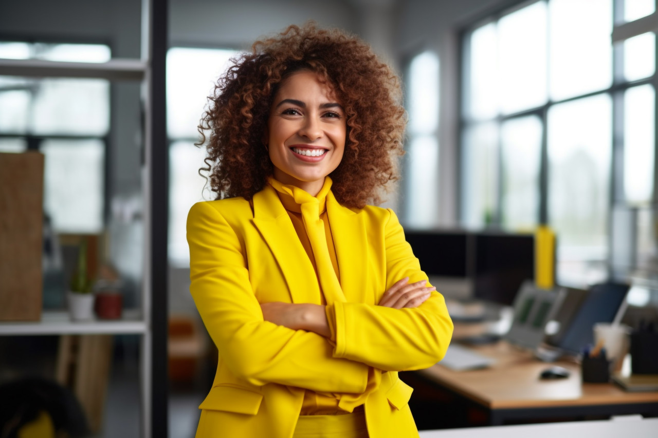 Picture of a successful latin american businesswoman in a yellow suit smiling and looking at the camera she is standing with her arms crossed, business and corporate inside office photo