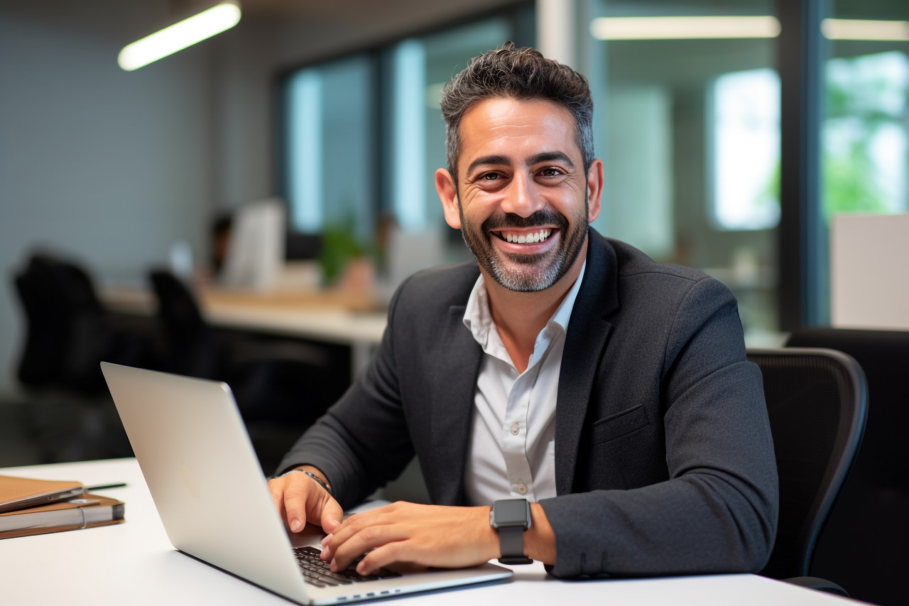 A photo of a young hispanic businessman sitting at his desk with a laptop smiling and looking at the camera he is happy with his achievements, business and corporate inside office image