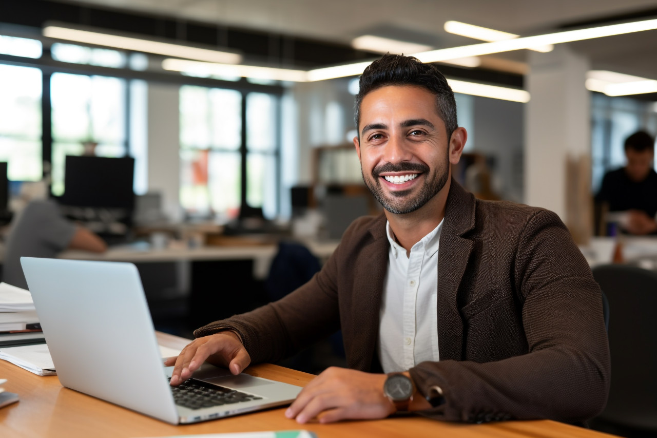A photo of a young hispanic businessman sitting at his desk with a laptop smiling and looking at the camera he is happy with his achievements, business and corporate inside office image