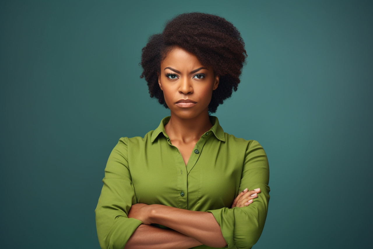 Picture of a young successful african american woman entrepreneur who owns a small business and works in an office she is wearing a green casual shirt and standing confidently with her arms crossed, business and corporate inside office image