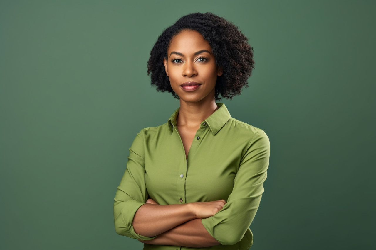 Picture of a young successful african american woman entrepreneur who owns a small business and works in an office she is wearing a green casual shirt and standing confidently with her arms crossed, business and corporate inside office image