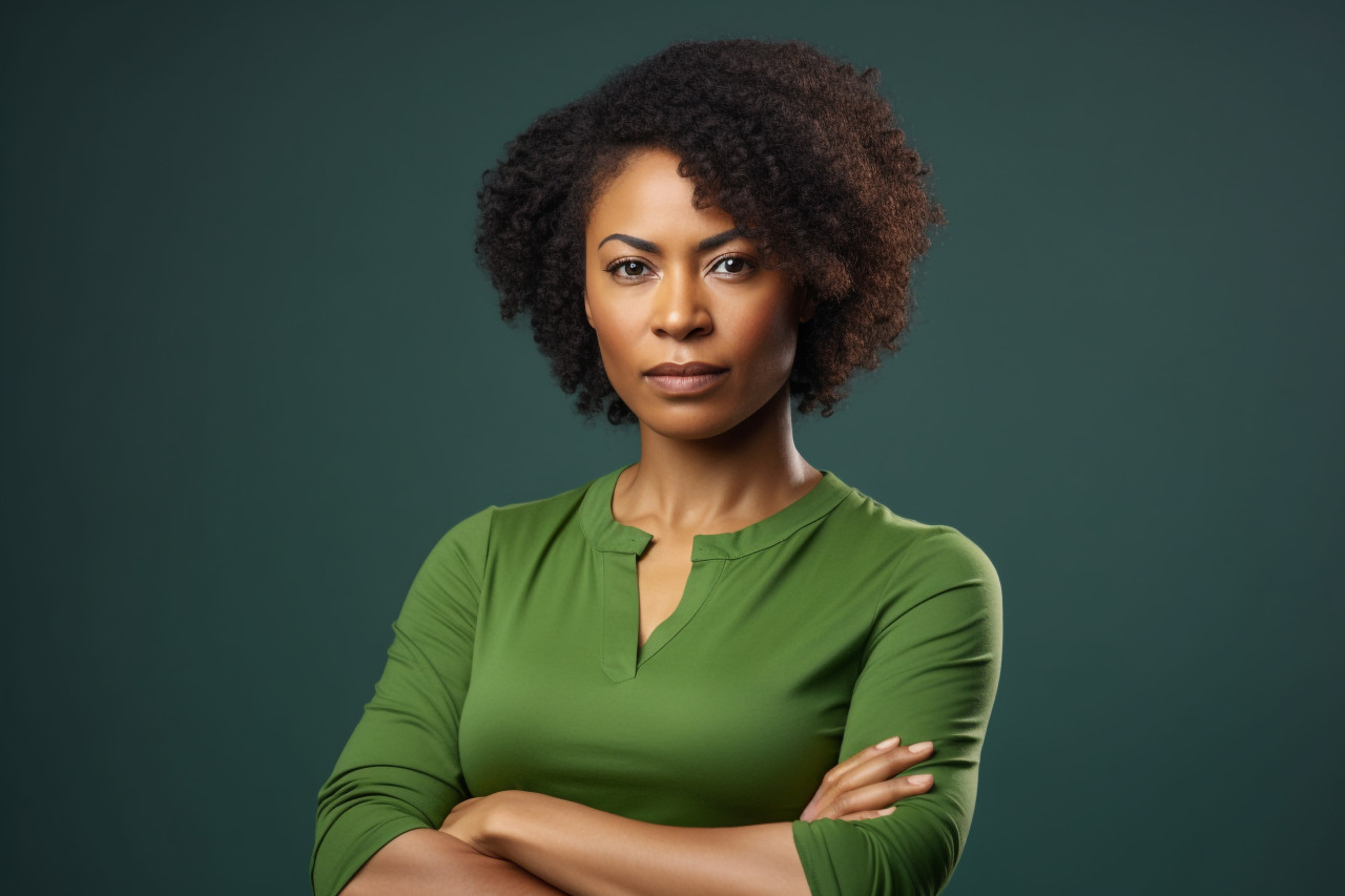 Picture of a young successful african american woman entrepreneur who owns a small business and works in an office she is wearing a green casual shirt and standing confidently with her arms crossed, business and corporate inside office image