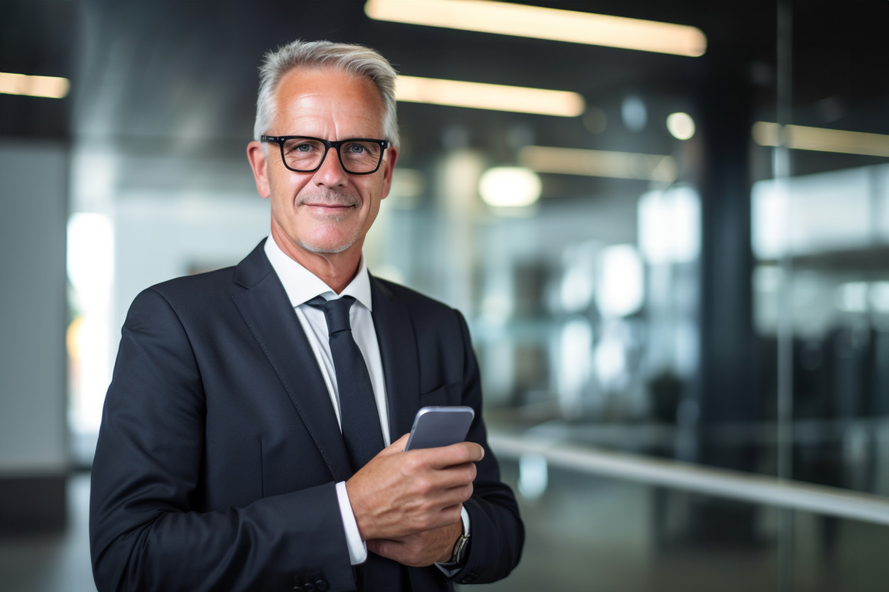 Photo of a successful older businessman in a suit and glasses smiling and looking at the camera with his arms crossed working inside a modern office building, business and corporate inside office photo