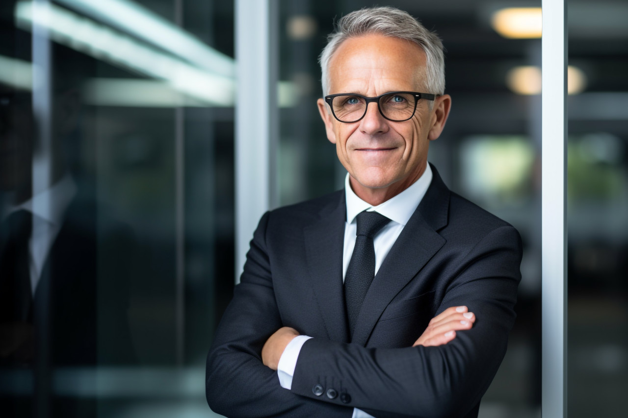 Photo of a successful older businessman in a suit and glasses smiling and looking at the camera with his arms crossed working inside a modern office building, business and corporate inside office photo