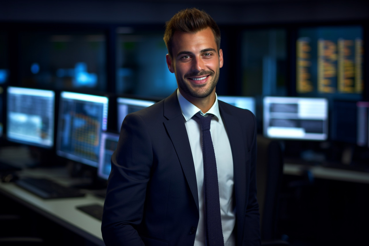 A photo of a young businessman smiling while standing alone in a dark office late at night, business and corporate inside office photo