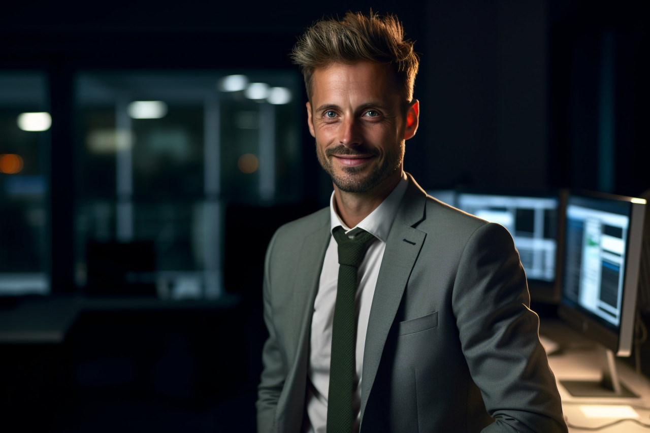 A photo of a young businessman smiling while standing alone in a dark office late at night, business and corporate inside office photo