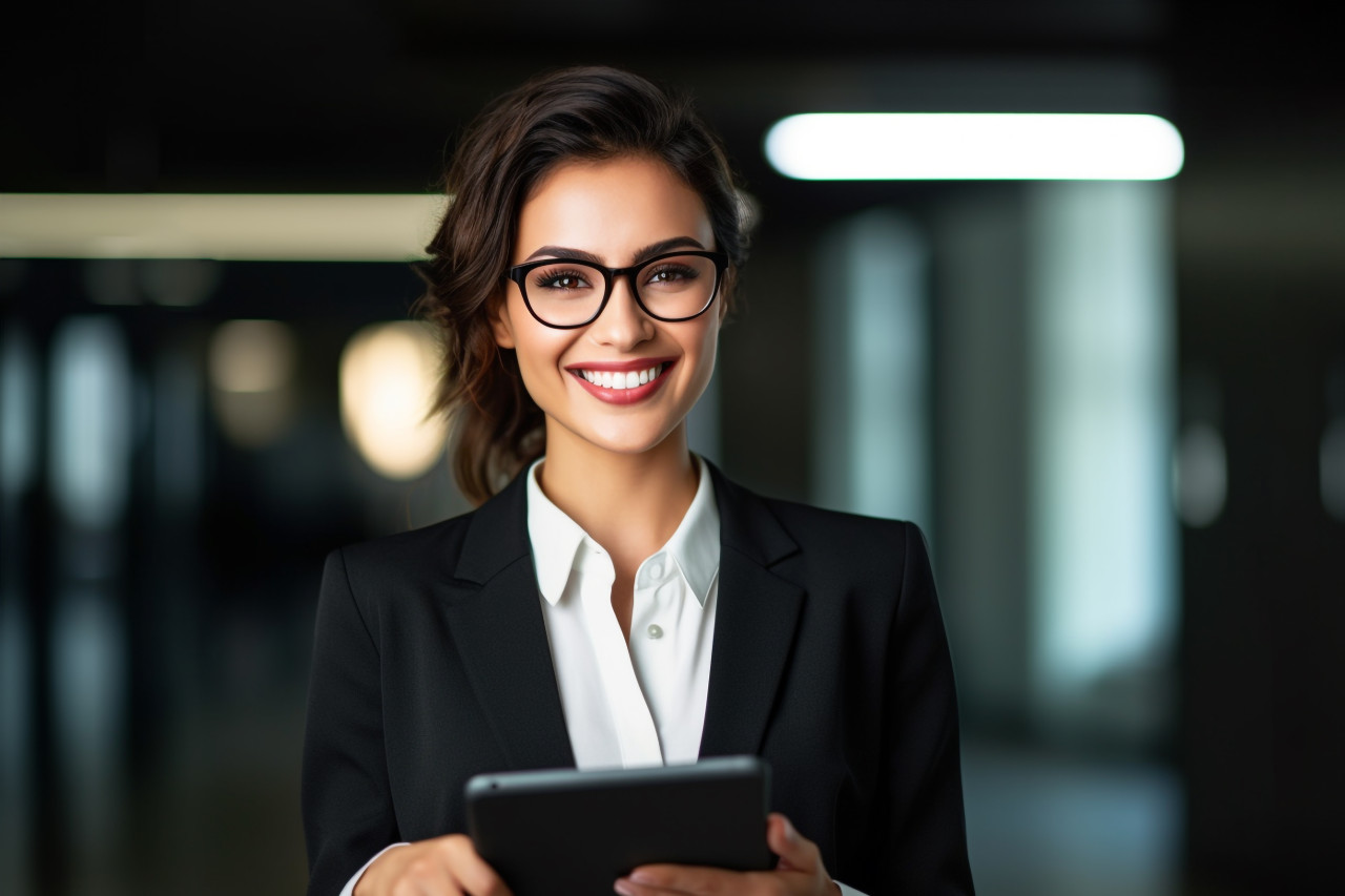 A picture of a happy young woman with glasses in a modern office holding a tablet, business and corporate inside office photo