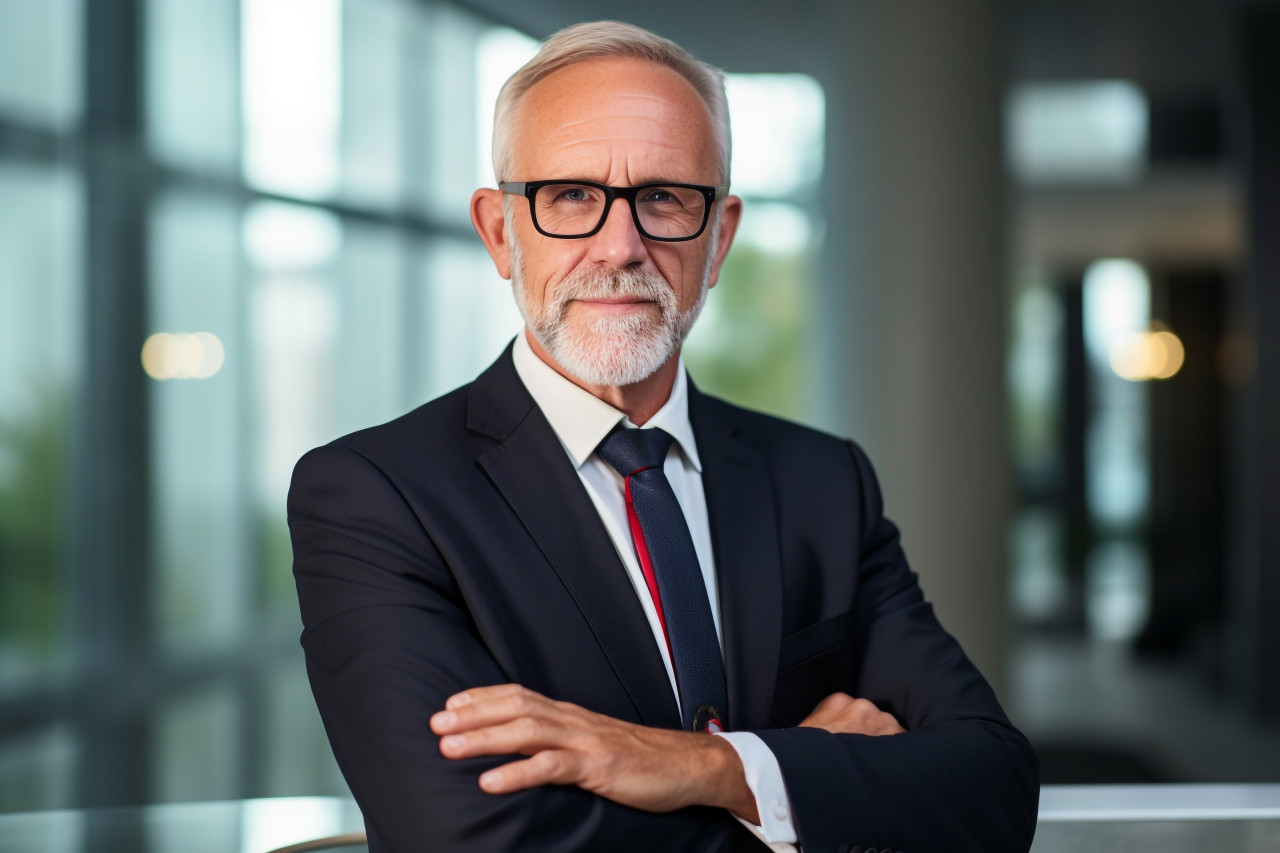 Photo of a successful older businessman in a suit and glasses smiling and looking at the camera with his arms crossed working inside a modern office building, business and corporate inside office photo