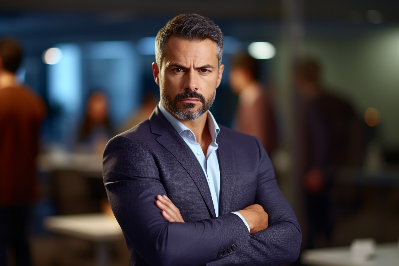 Photo of a hispanic businessman in a modern office looking serious at the camera with his arms crosse, business and corporate inside office photo