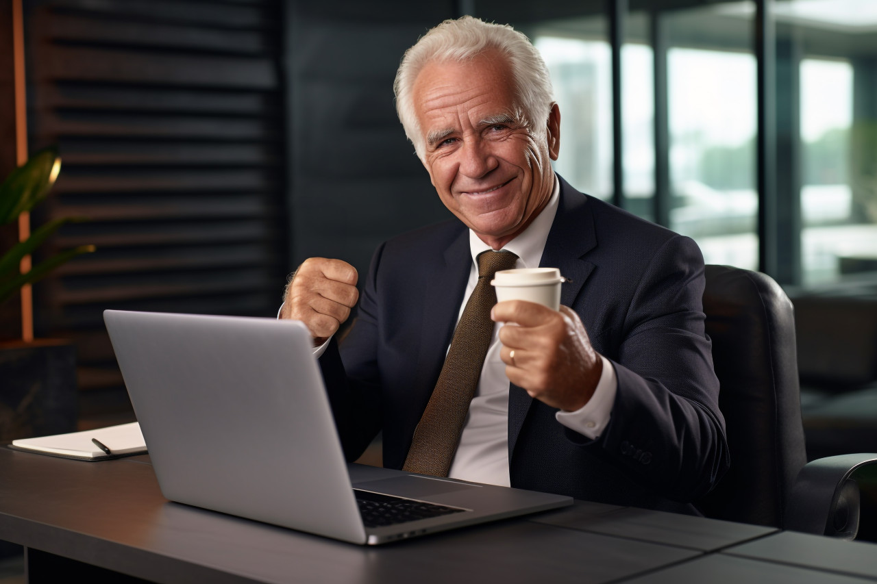 Photo of a mature businessman in a suit working on a laptop in his office he is smiling and showing a thumbs up, business and corporate inside office image