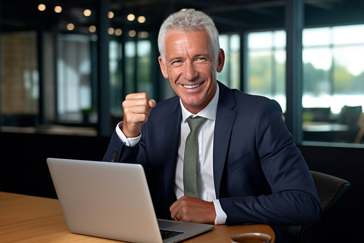 Photo of a mature businessman in a suit working on a laptop in his office he is smiling and showing a thumbs up, business and corporate inside office image