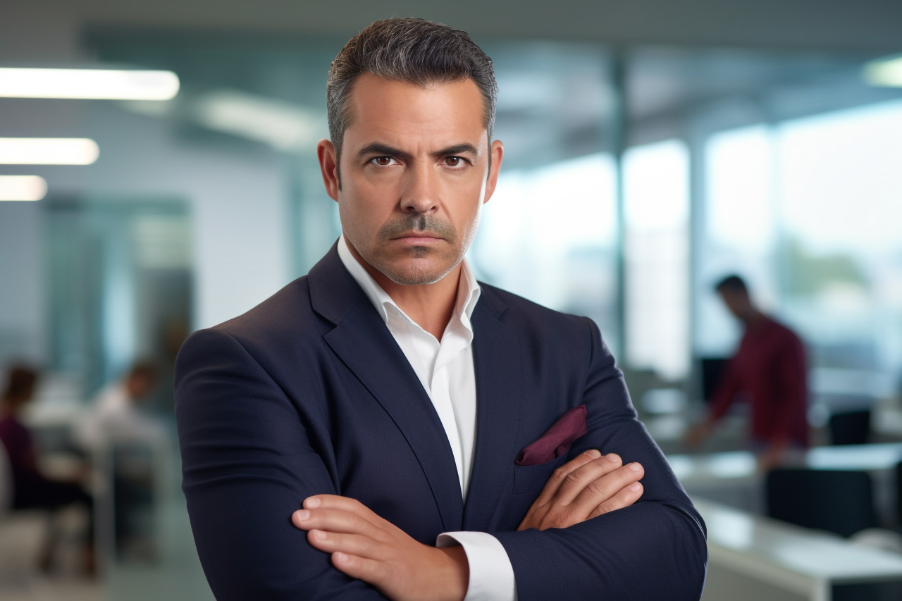 Photo of a hispanic businessman in a modern office looking serious at the camera with his arms crosse, business and corporate inside office image