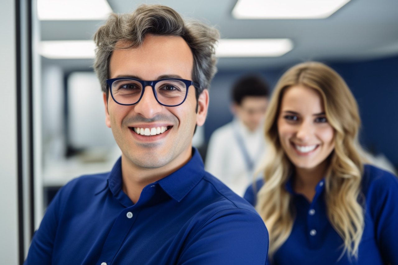 A photo of a smiling young businessman in a blue polo shirt and glasses, posing with his female coworker, business and corporate inside office image