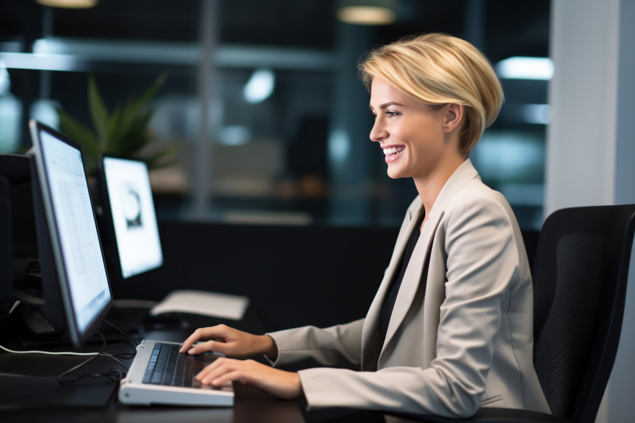 Picture of a pretty young woman with short, blonde hair working on a laptop inside an office she is typing and smiling while writing code for a computer program, business and corporate inside office photo
