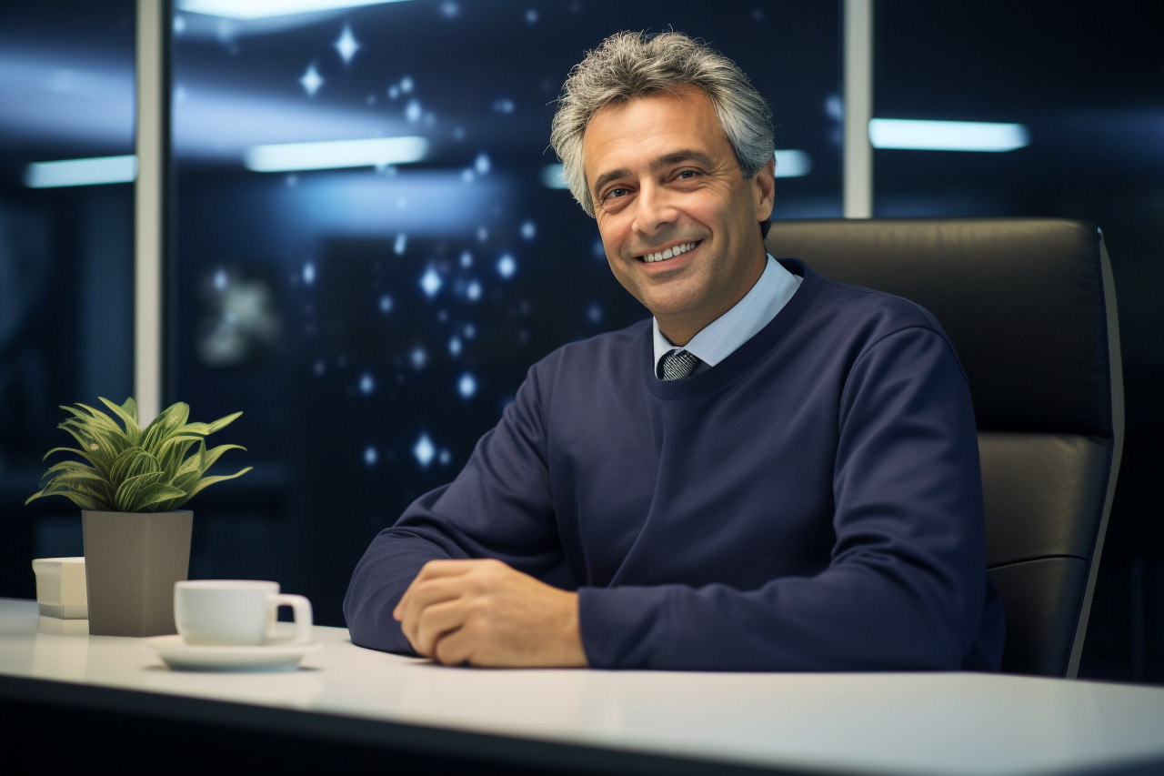 Photo of a happy friendly business leader sitting inside an office, business and corporate inside office image