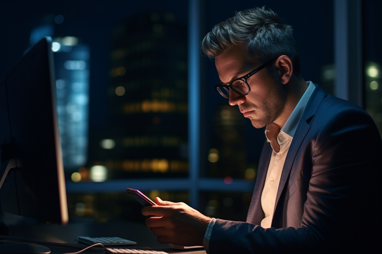 A photo of a businessman reading an email on his phone at night in a dark office, business and corporate inside office photo