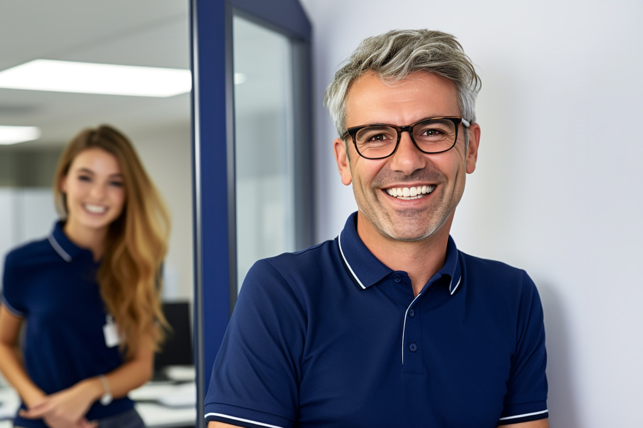 A photo of a smiling young businessman in a blue polo shirt and glasses, posing with his female coworker, business and corporate inside office image