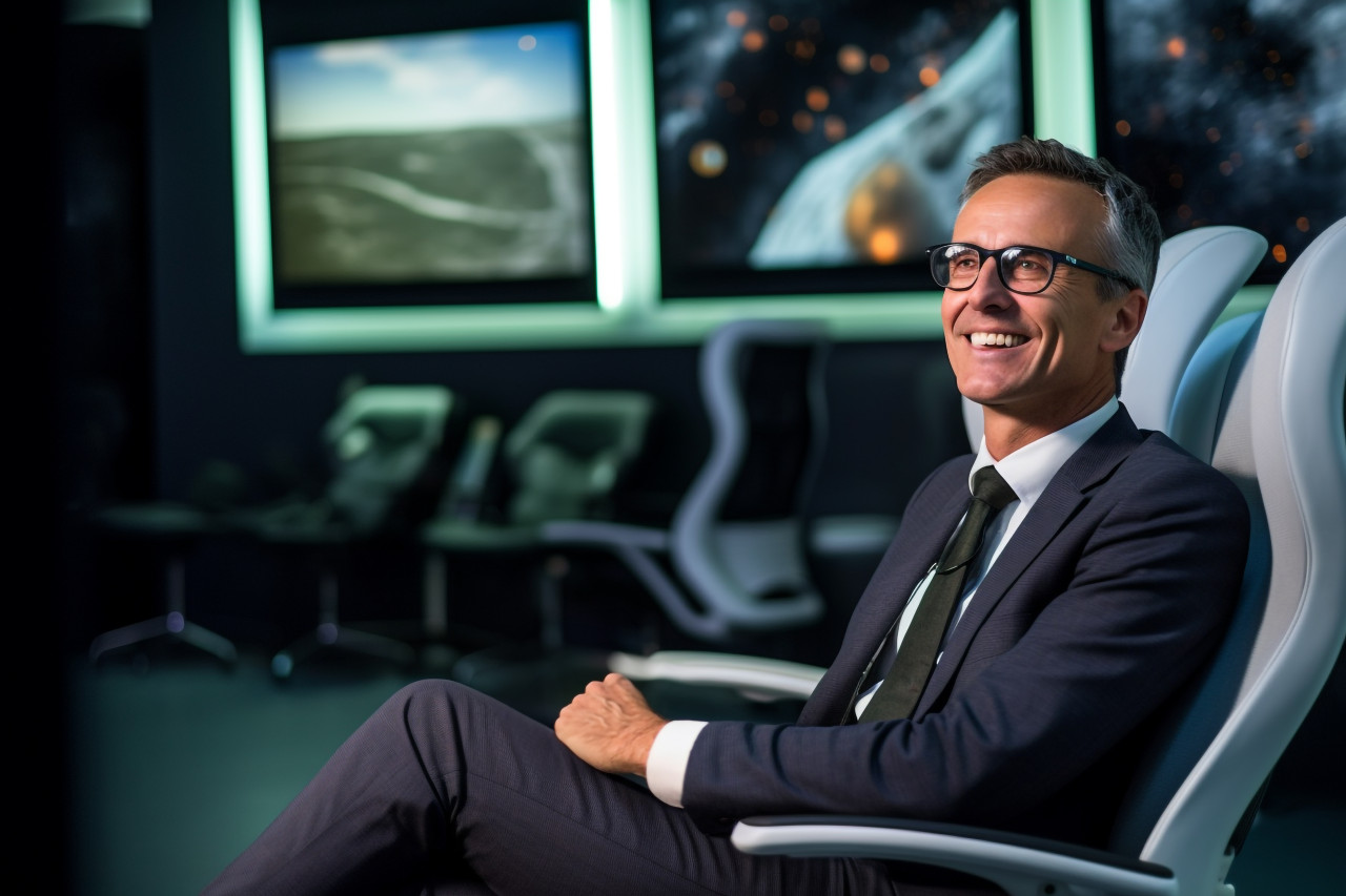 Photo of a happy friendly business leader sitting inside an office, business and corporate inside office image