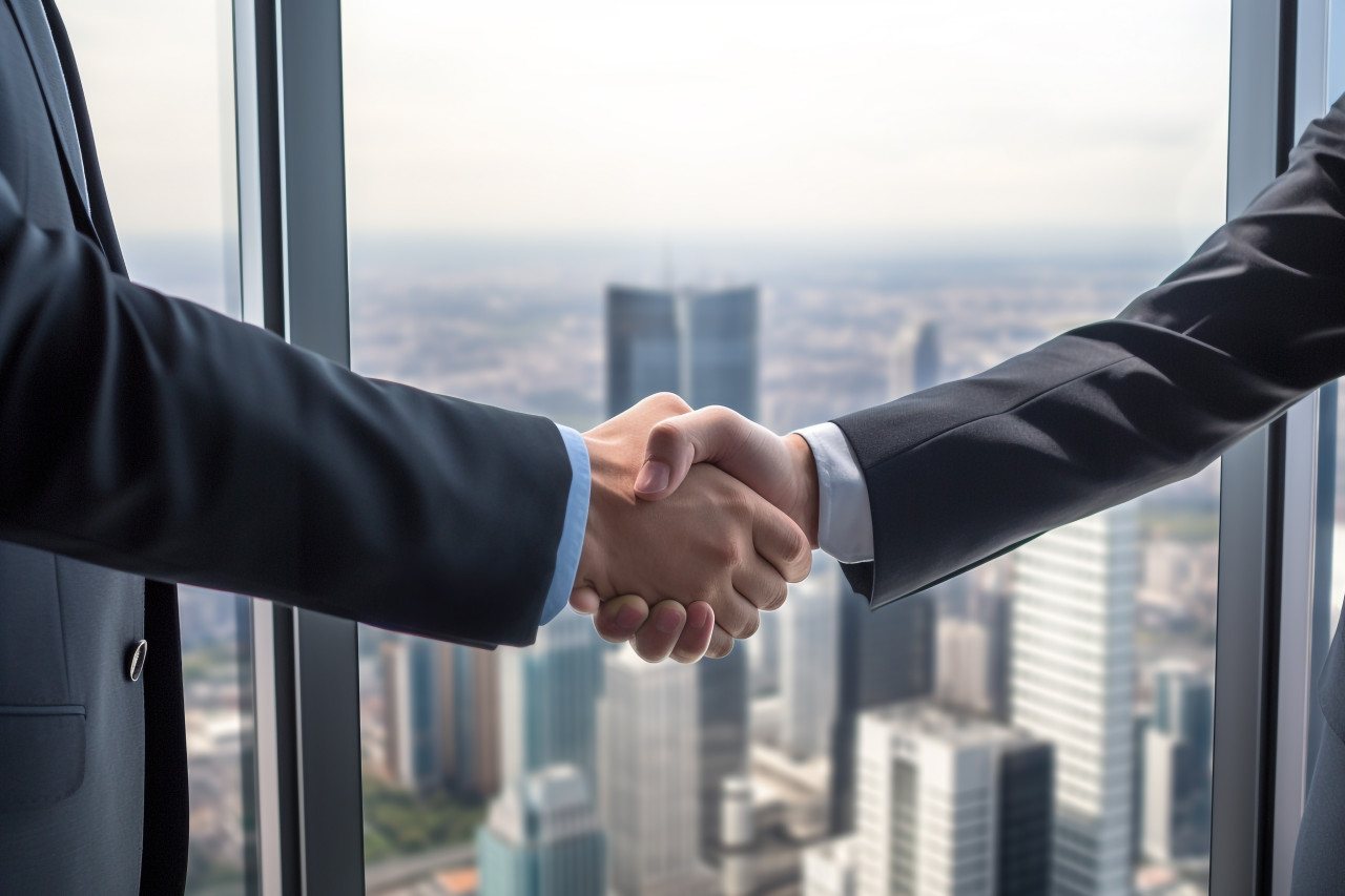 Two businessmen shake hands by a window in a tall office building with a view of the city below, business and corporate inside office photo