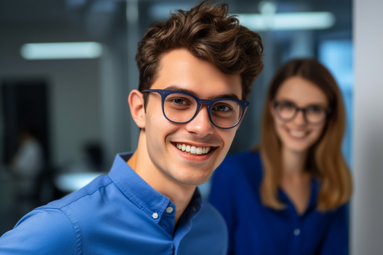 A photo of a smiling young businessman in a blue polo shirt and glasses, posing with his female coworker, business and corporate inside office image