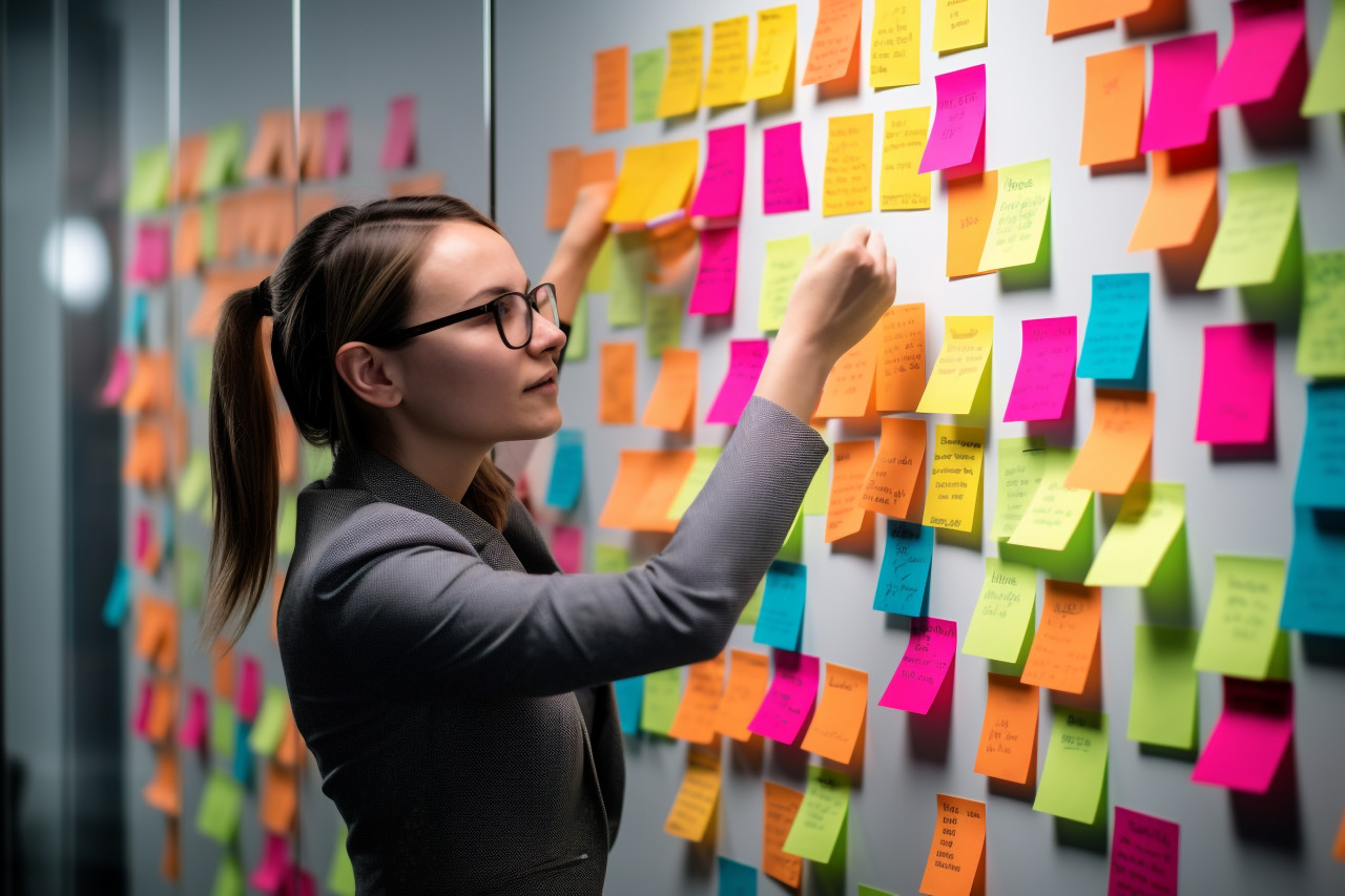 A photo of a woman using sticky notes to come up with new ideas at work, business and corporate inside office photo
