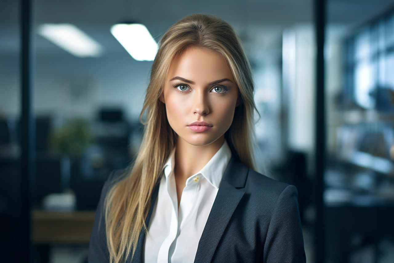 A picture of a young businesswoman standing in her office, business and corporate inside office image