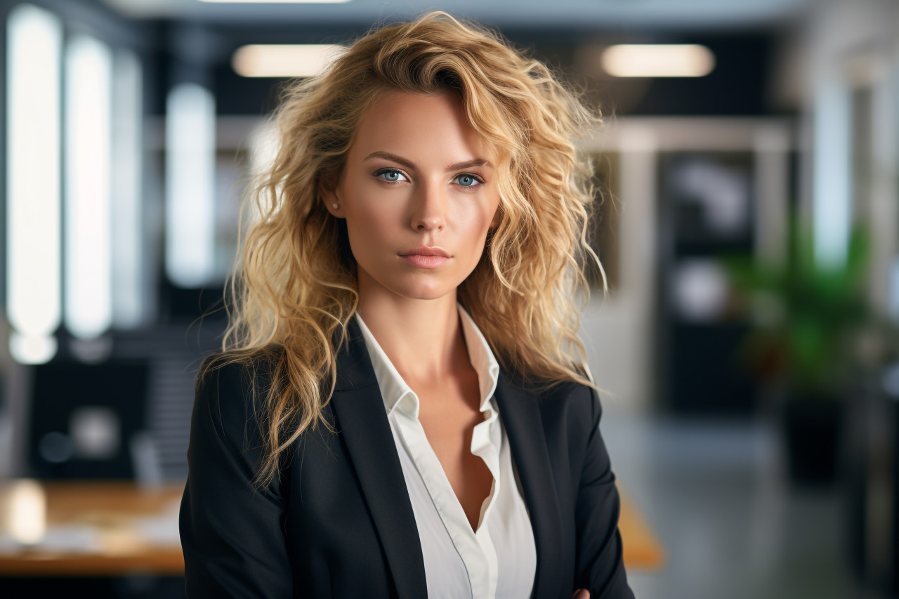 A picture of a young businesswoman standing in her office, business and corporate inside office photo