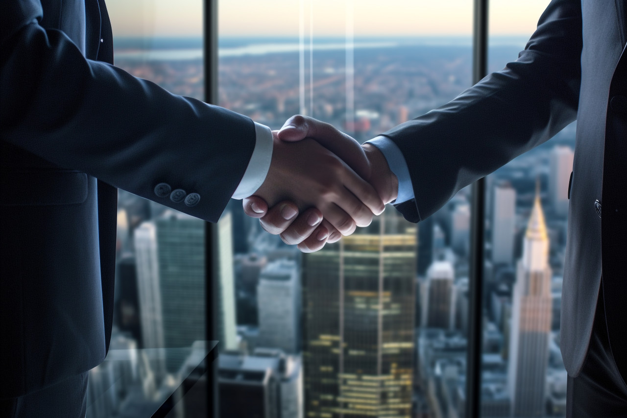 Two businessmen shake hands by a window in a tall office building with a view of the city below, business and corporate inside office photo