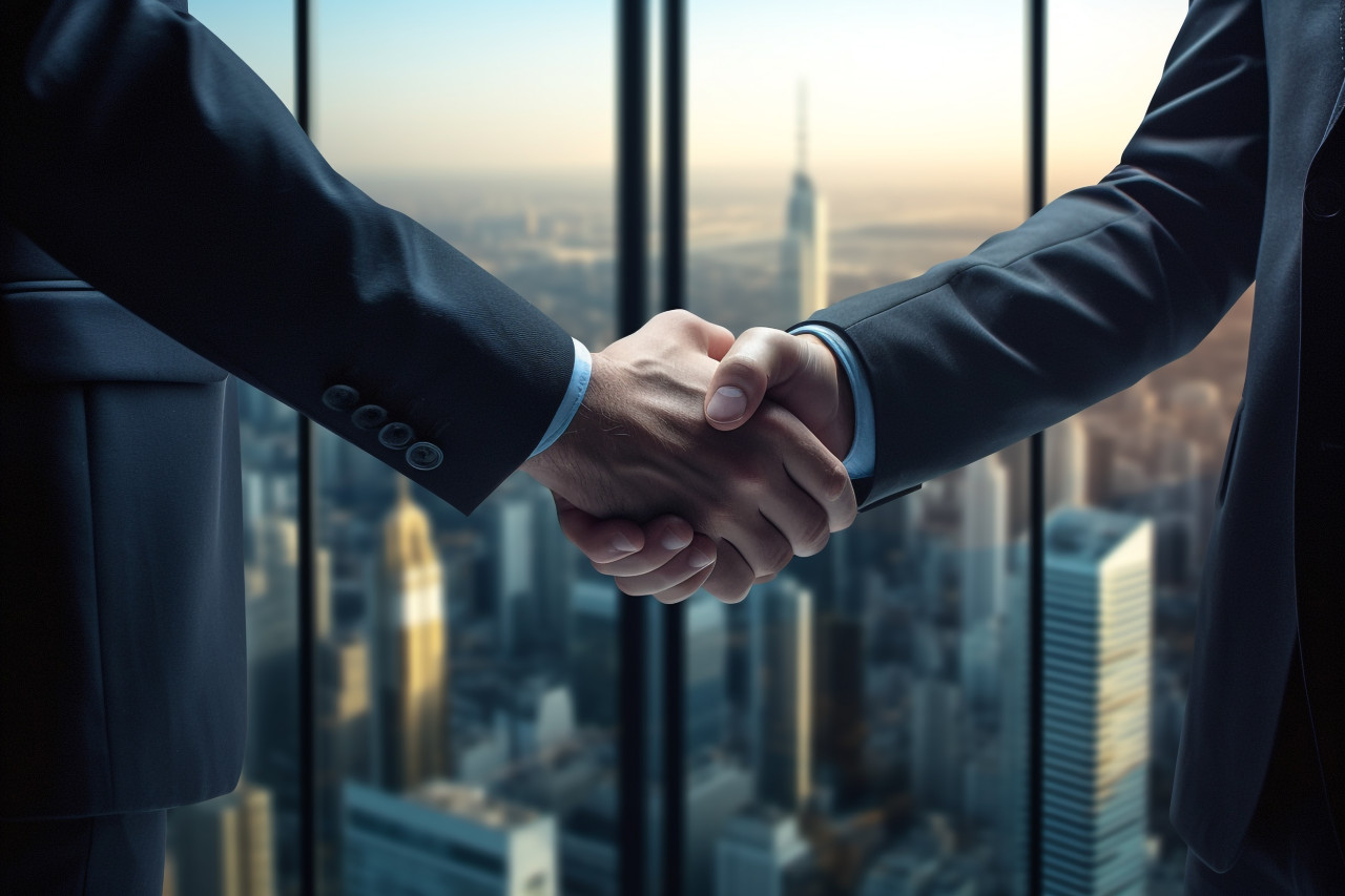 Two businessmen shake hands by a window in a tall office building with a view of the city below, business and corporate inside office photo