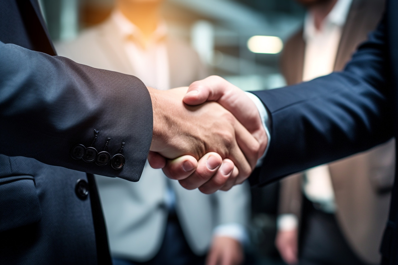 A close up photo of business people shaking hands in an office meeting showing the concept of business partnership, business and corporate inside office photo