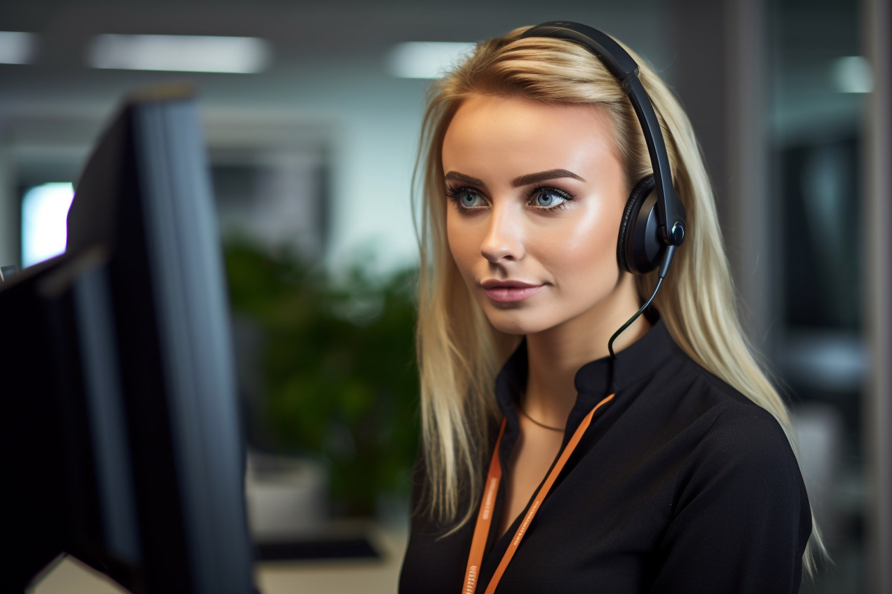 A picture of a young woman talking on a headset and using a computer in a modern office, business and corporate inside office photo