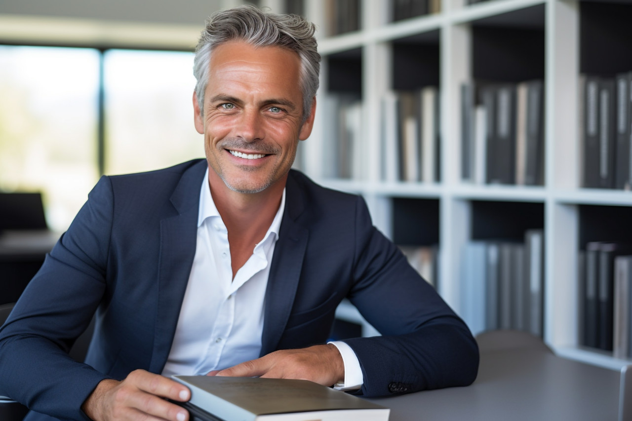 A photo of a handsome businessman in his office holding a book he is a successful and satisfied manager and he is looking at the camera and smiling, business and corporate inside office image