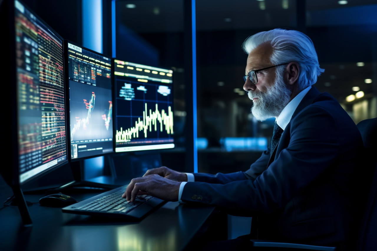 Photo of older businessman working at night in fintech office he is trading investments and thinking about financial concepts his face is in focus, business and corporate inside office image
