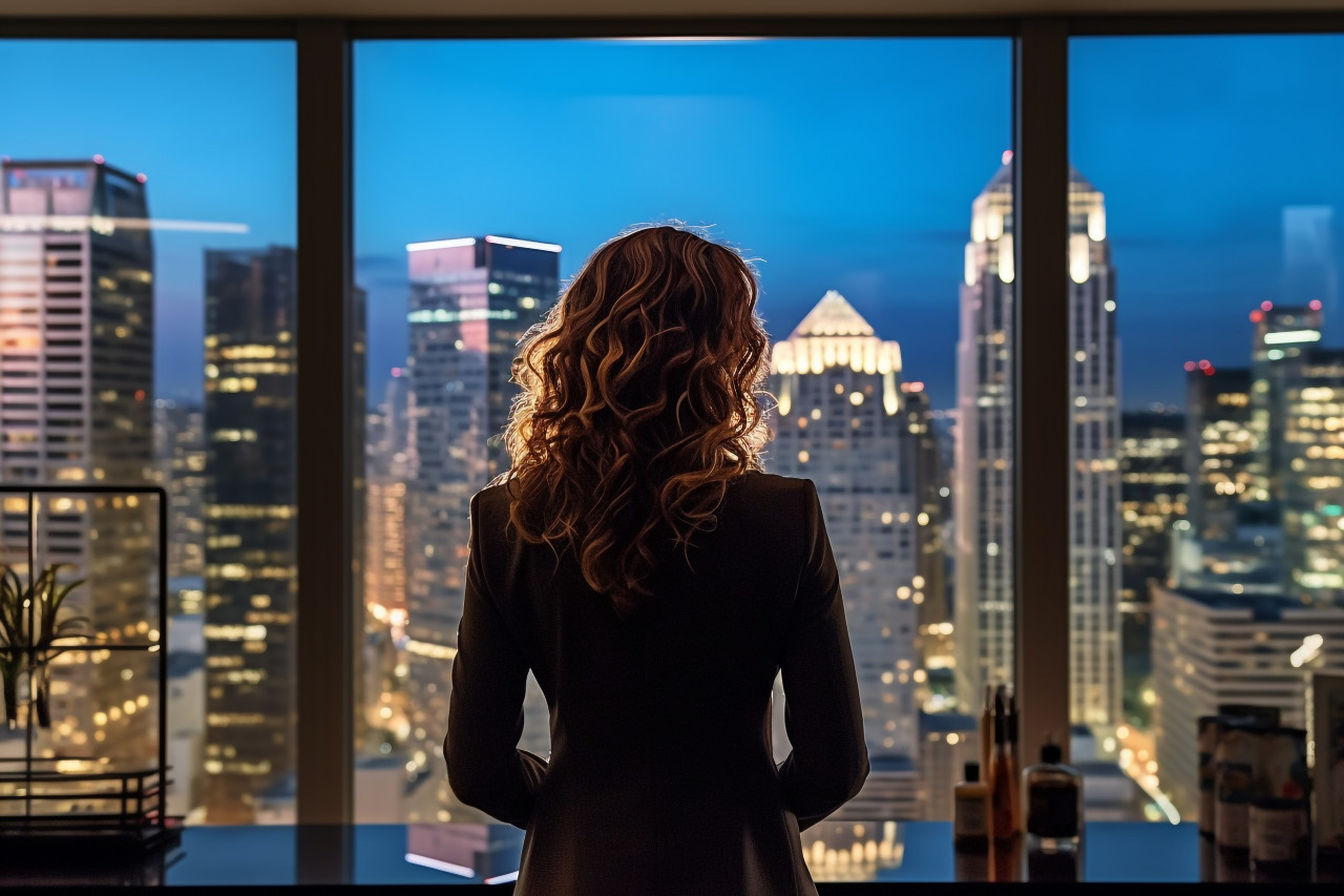 A picture of a businesswoman standing in the dark in an office building and looking at the city skyline, business and corporate inside office photo