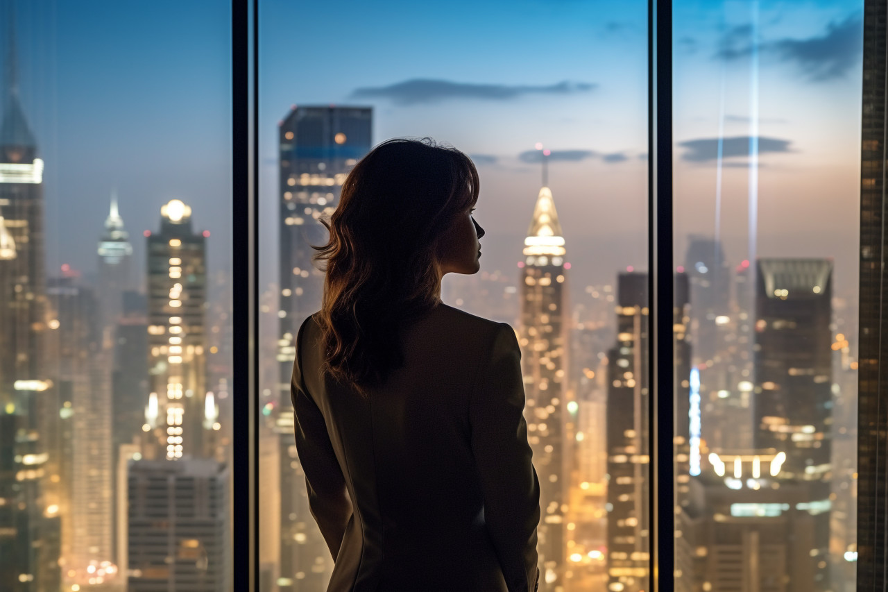 A picture of a businesswoman standing in the dark in an office building and looking at the city skyline, business and corporate inside office photo