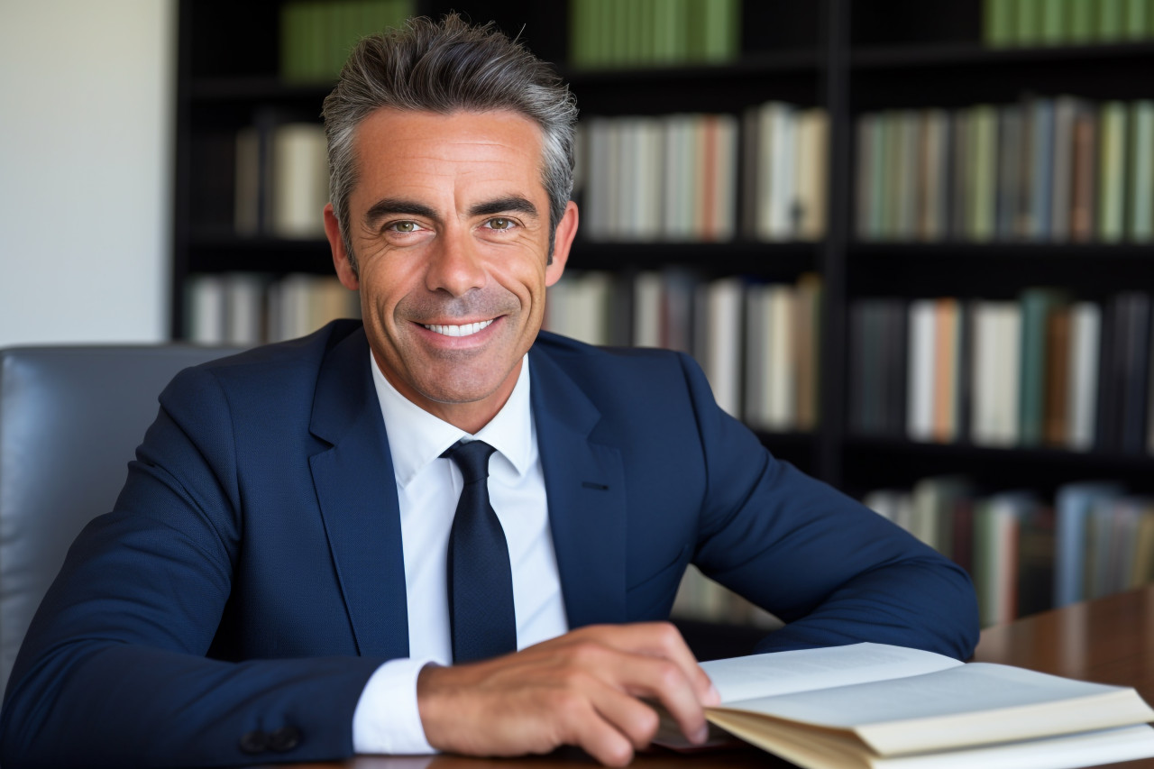 A photo of a handsome businessman in his office holding a book he is a successful and satisfied manager and he is looking at the camera and smiling, business and corporate inside office image