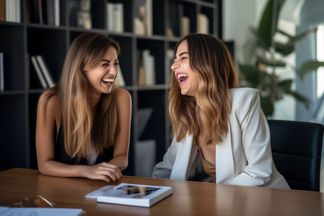 Image of two young women laughing while working at a desk in a bright modern office, business and corporate inside office image